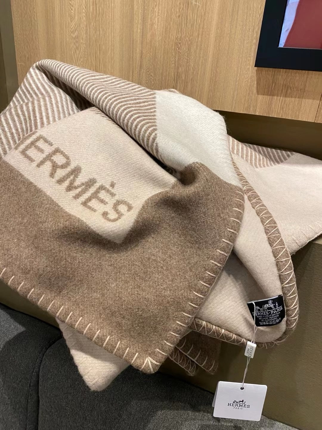 Wool Blanket In Beige&Grey color