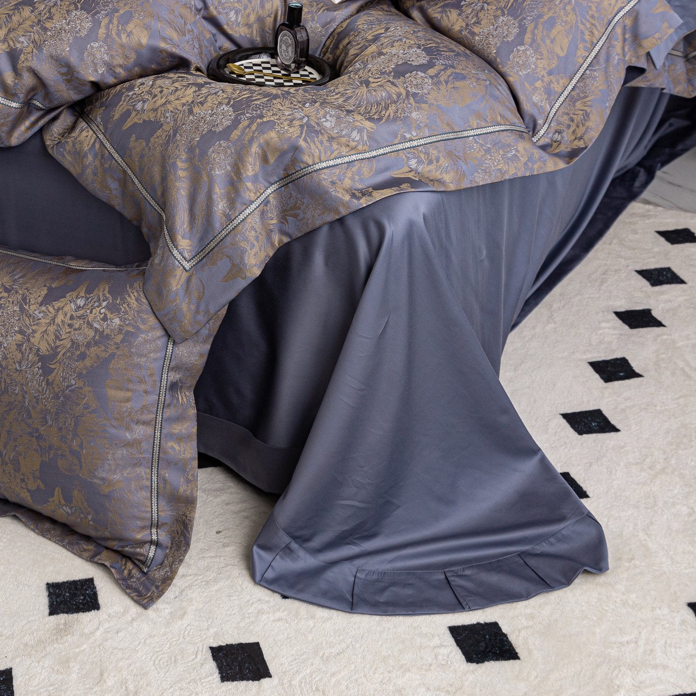 Luxurious Versailles sateen bedding set in elegant blue and gold tones with silky smooth Tencel cotton fabric.