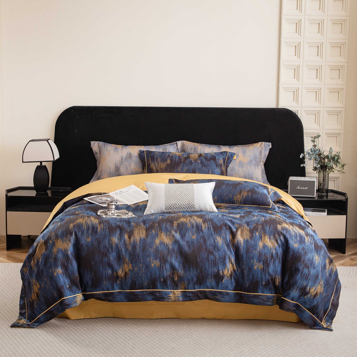 Luxurious Marrakech sateen bedding set in rich blue and gold tones made from soft breathable Tencel cotton.