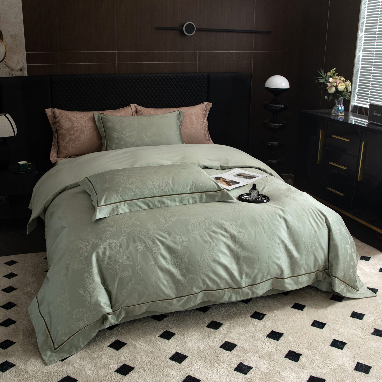 Luxurious Avignon sage green sateen bedding set with duvet cover, pillowcases, and soft breathable Tencel cotton fabric.