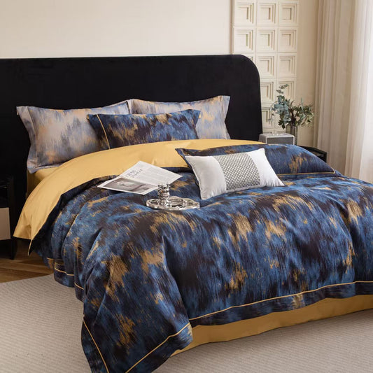 Luxurious Marrakech sateen bedding set in blue and gold tones with soft Tencel cotton for elegant bedroom decor